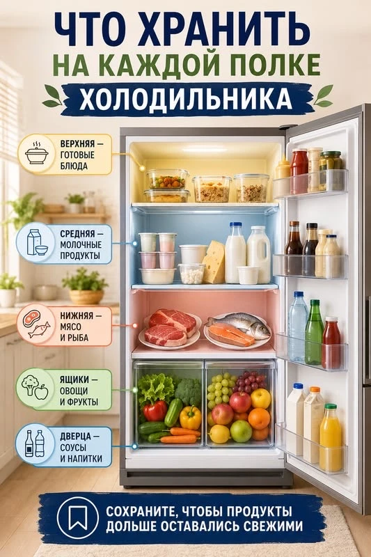 Что хранить на каждой полке холодильника: Правильное товарное соседство ✨🧊