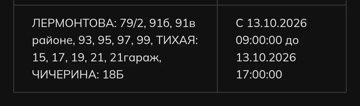 Плановые отключения электроэнергии на 13.10.2026