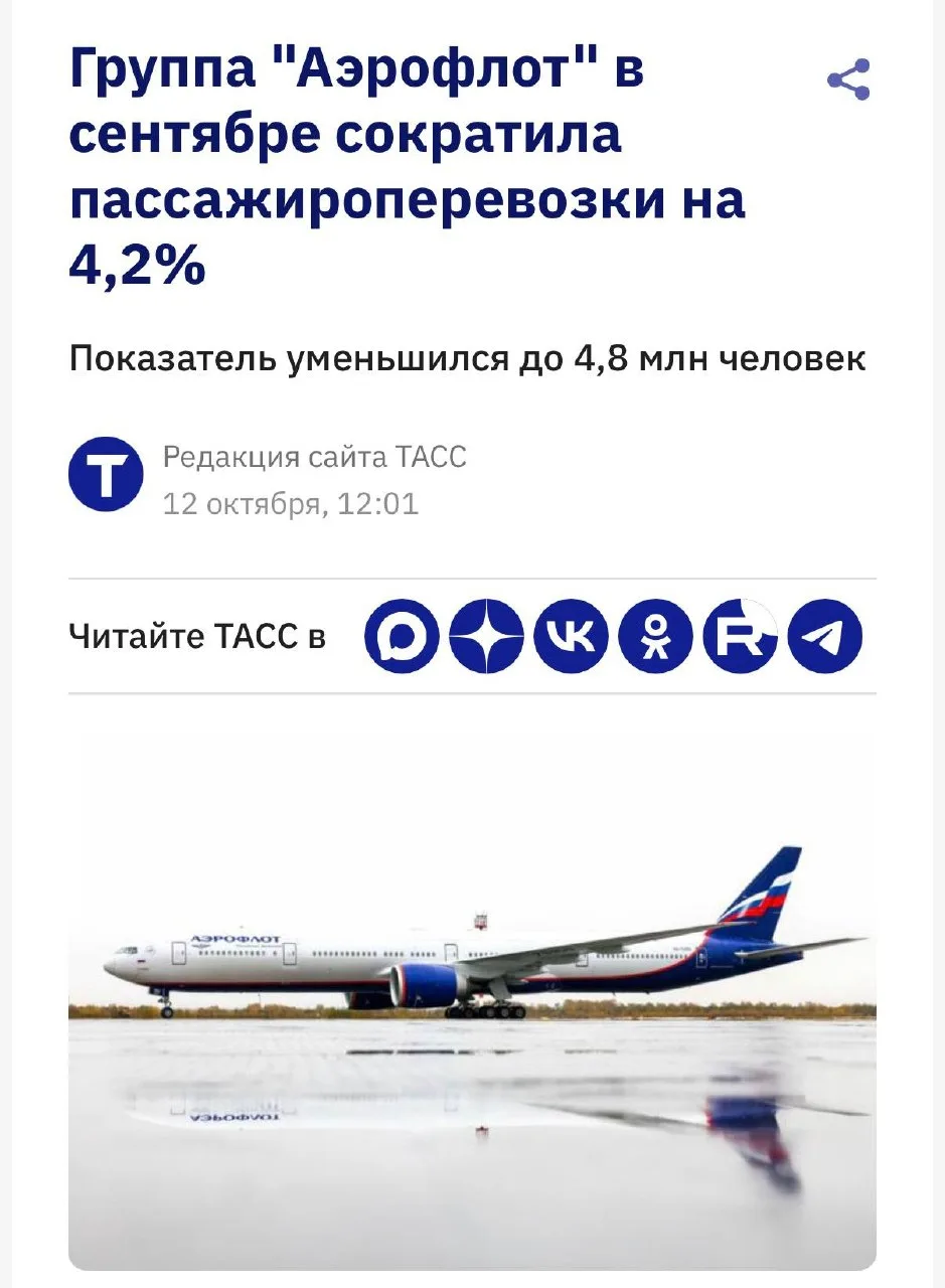 Группа «Аэрофлот» в сентябре 2026 года сократила перевозки пассажиров на 4,2%, то есть ...