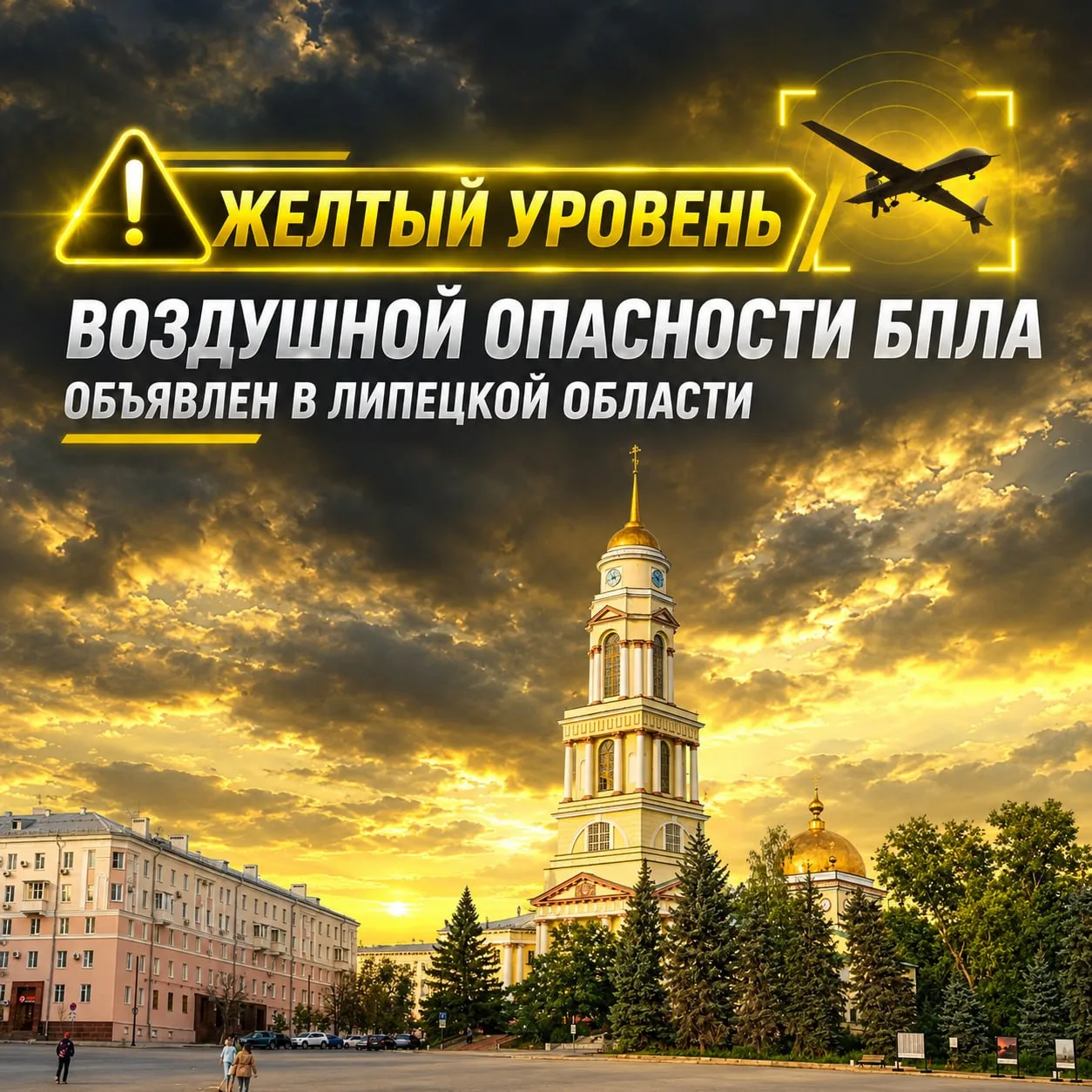 🟡 Жёлтый уровень воздушной опасности объявлен во всей Липецкой области