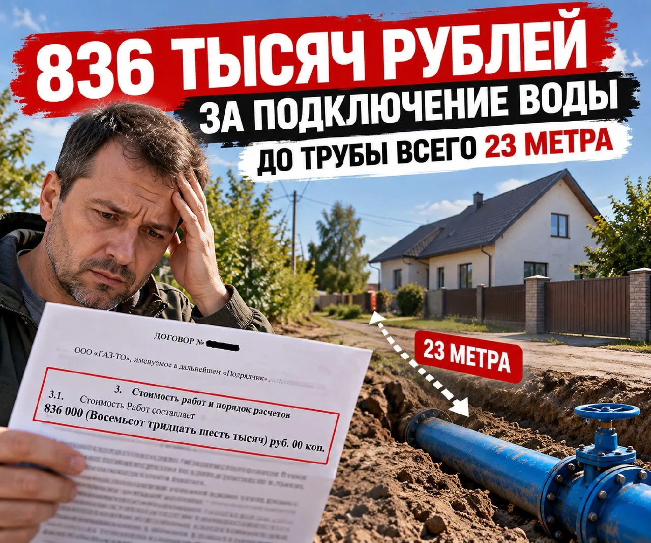 😱  Золотая вода: 836 тысяч за подключение к трубе в 23 метрах от дома
