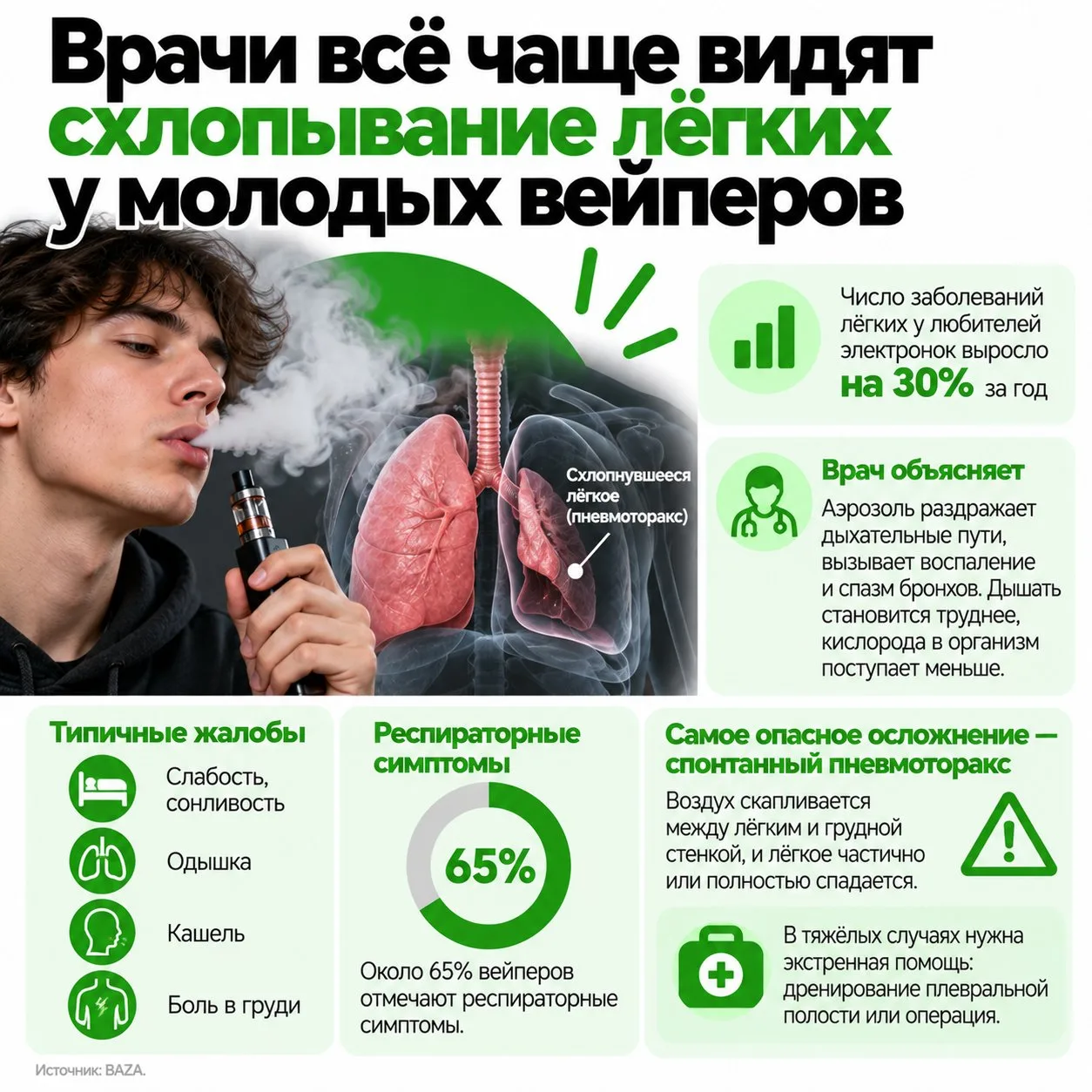 Врачи всё чаще видят схлопывание лёгких у молодых вейперов