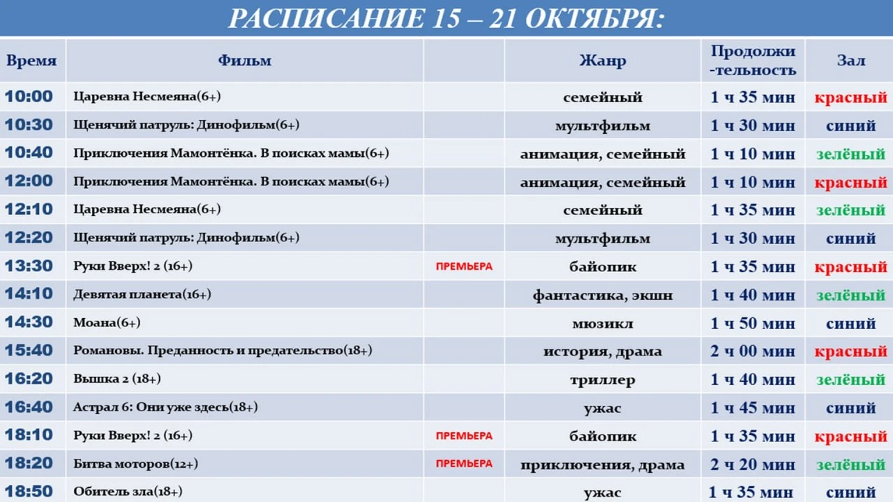 Расписание 15-21 октября График работы с 09:00-21:30 КАССЫ КИНОТЕАТРА +79591555222 Касс...