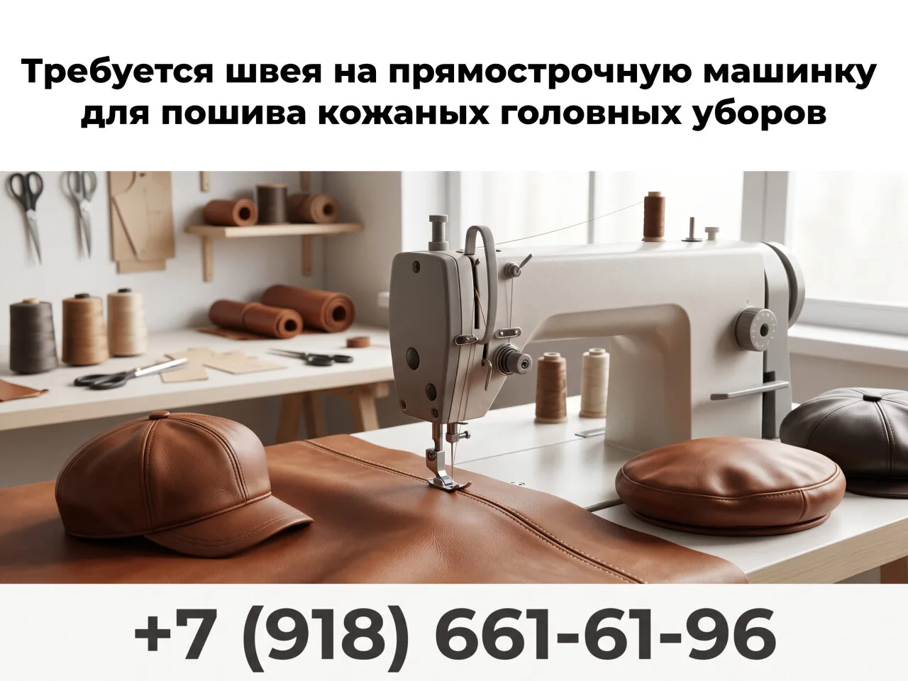Требуется швея на прямострочную машинку для пошива кожаных головных уборов.