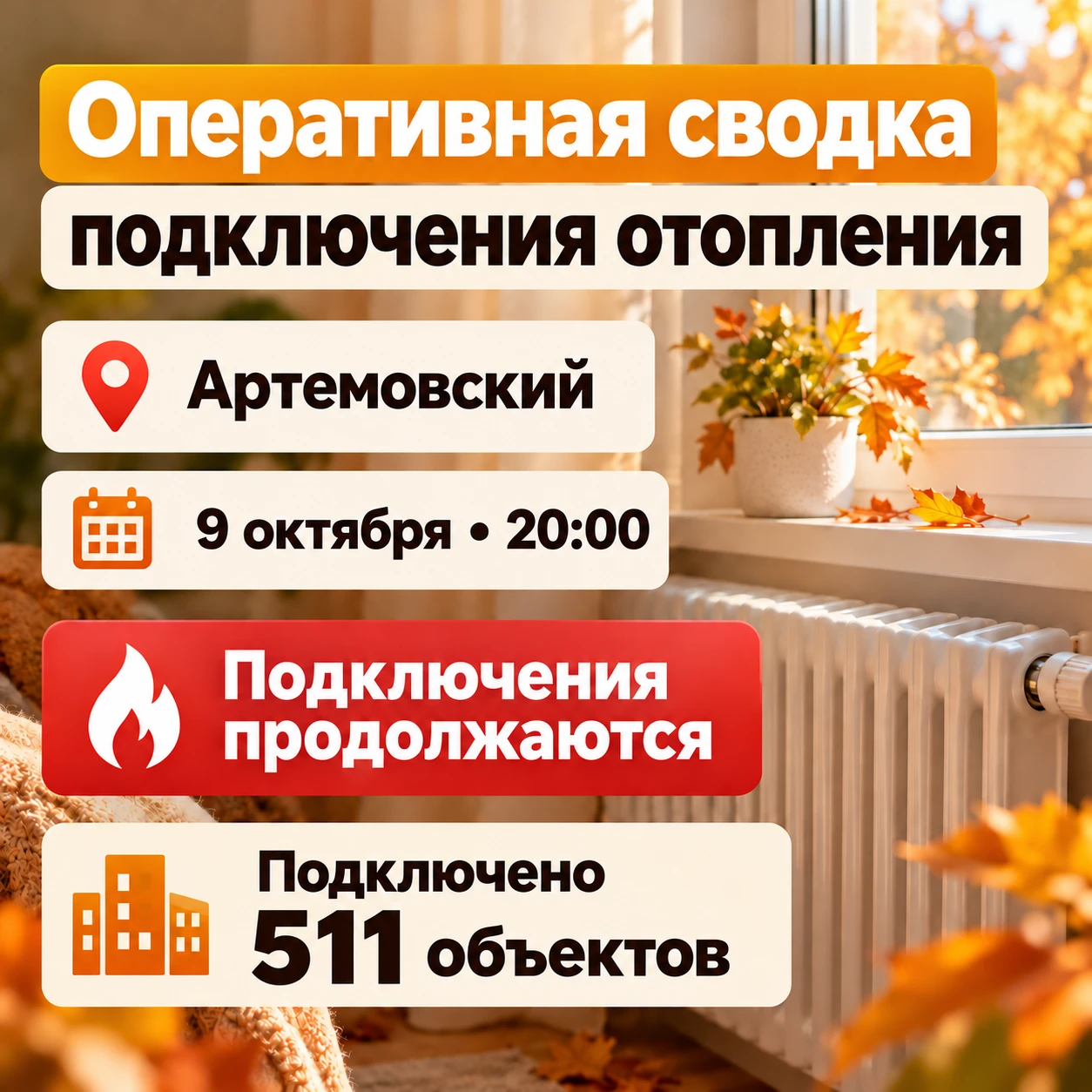 По информации МУП «Прогресс», по состоянию на 20:00 9 октября к теплоснабжению подключе...