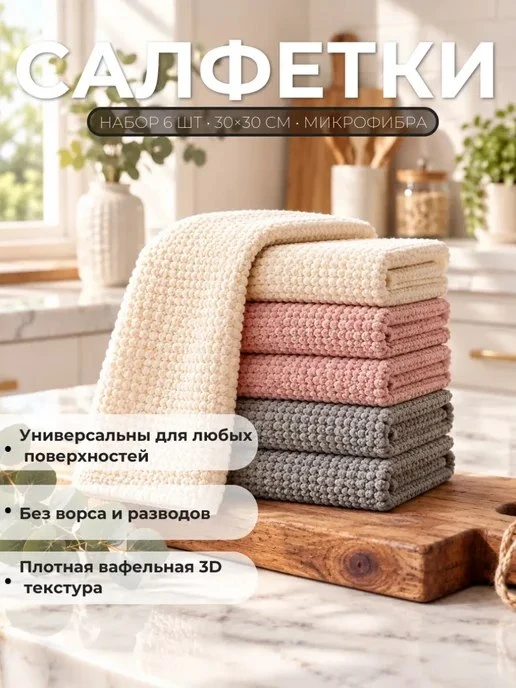 Салфетки из микрофибры для уборки дома набор 6 шт