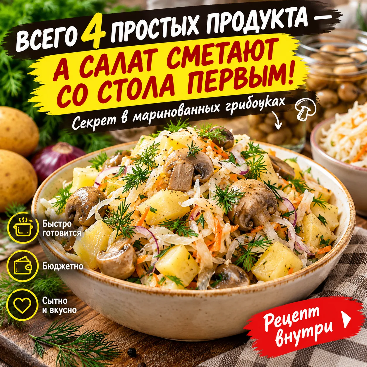 🔥 САЛАТ С КВАШЕНОЙ КАПУСТОЙ И МАРИНОВАННЫМИ ГРИБАМИ — ПРОСТОЙ РЕЦЕПТ, ОТ КОТОРОГО НЕВО...