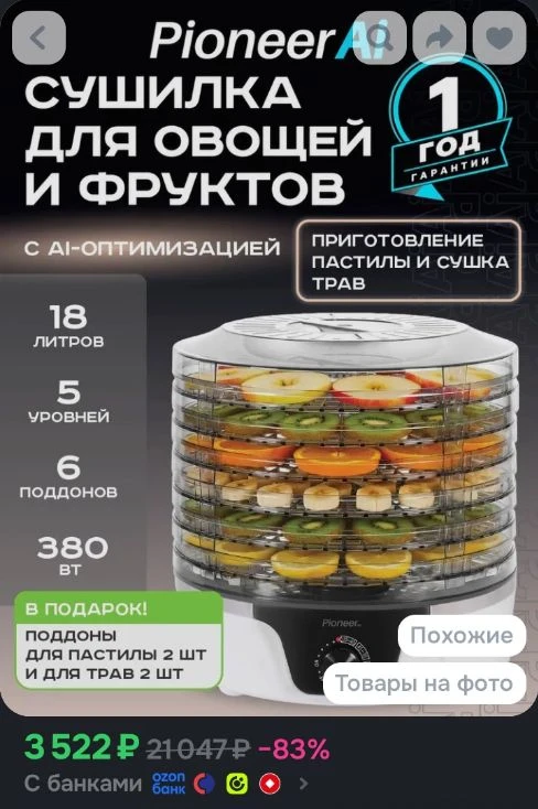 Pioneer Сушилка для овощей фруктов и ягод, грибов и мяса/ рыбы FD105, 35-75 градусов, р...