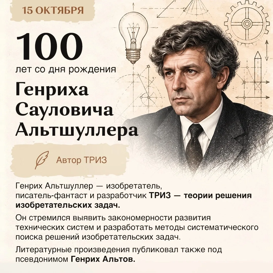🚀 15 ОКТЯБРЯ — 100 ЛЕТ СО ДНЯ РОЖДЕНИЯ ГЕНРИХА САУЛОВИЧА АЛЬТШУЛЛЕРА! 🚀