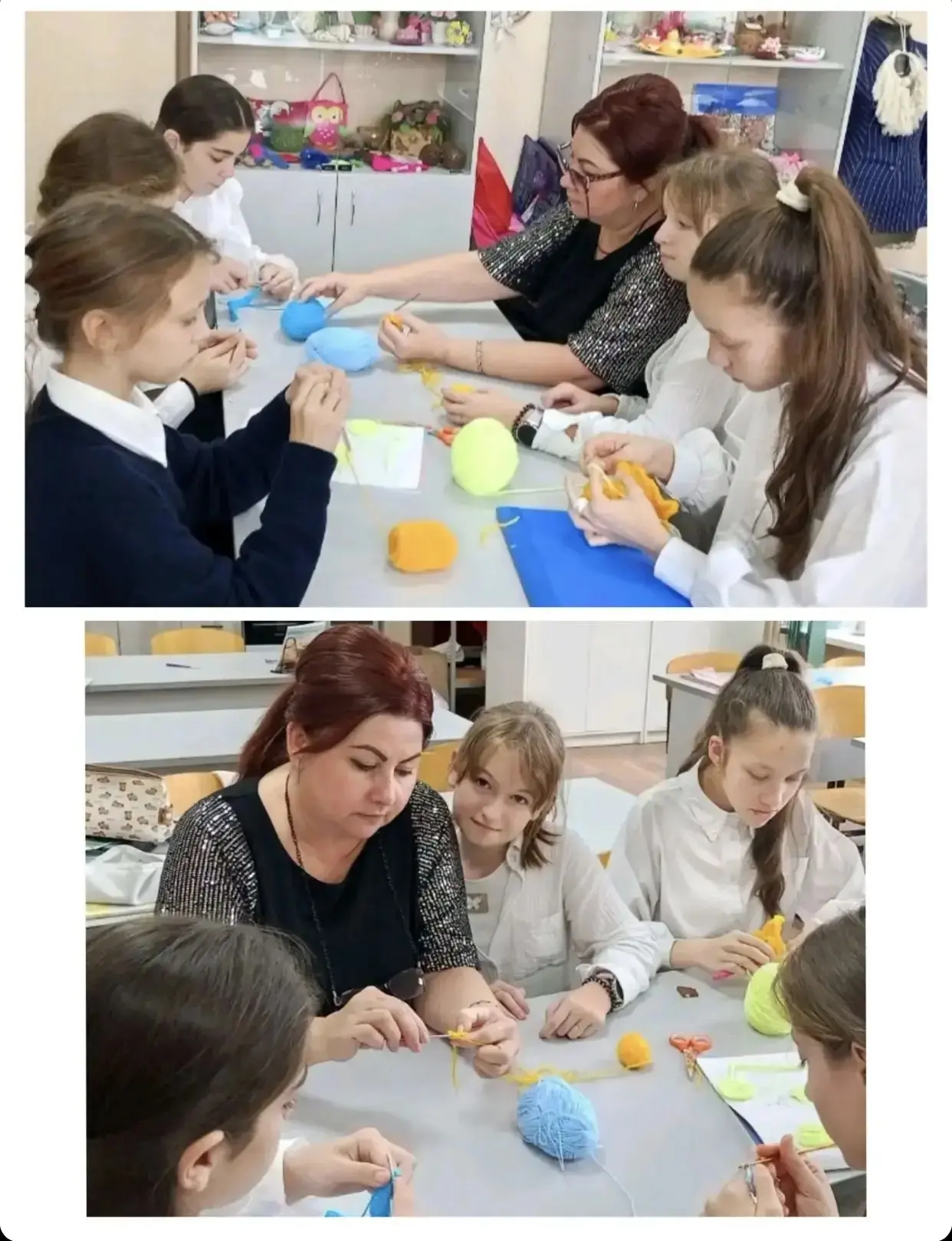 «Очумелые ручки» в 6 «В» классе. Девочки вяжут осенние поделки из шерстяных ниток.