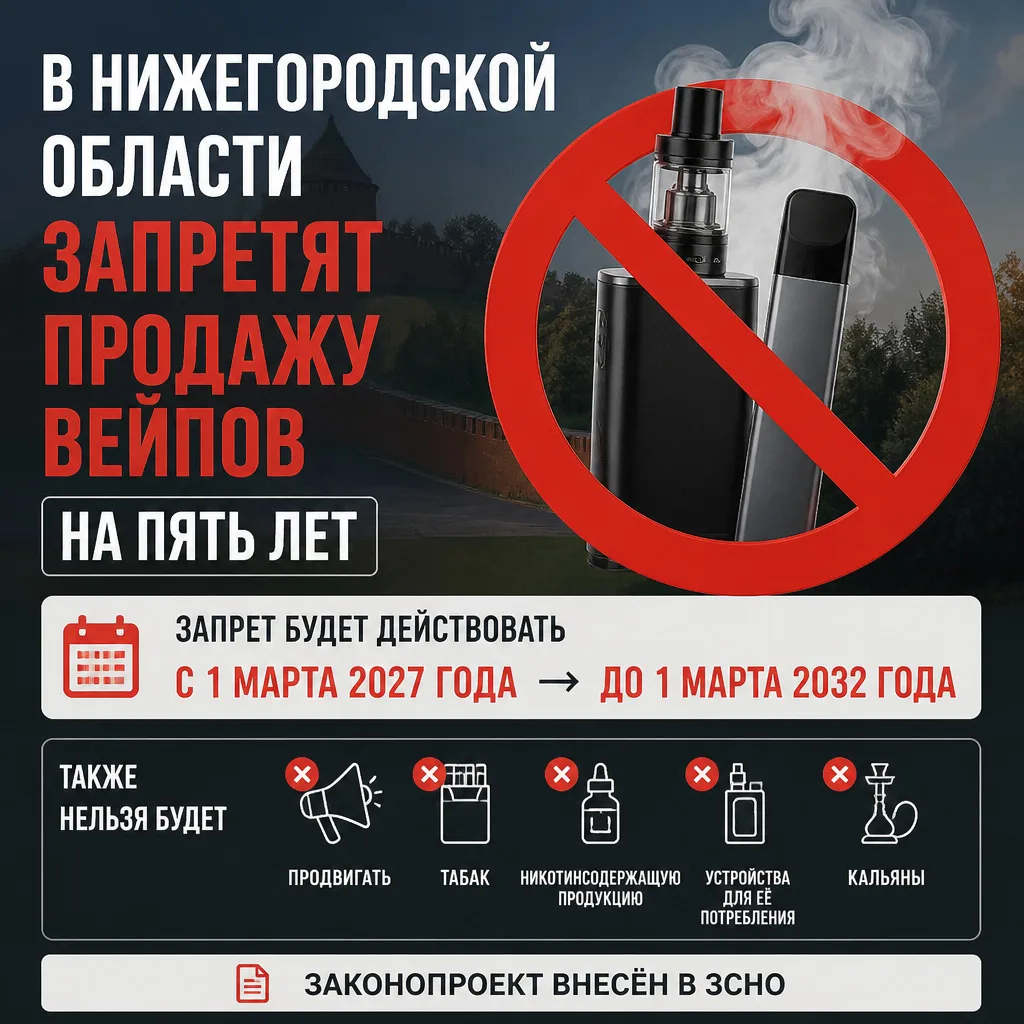 🚭 В Нижегородской области запретят продажу вейпов на пять лет