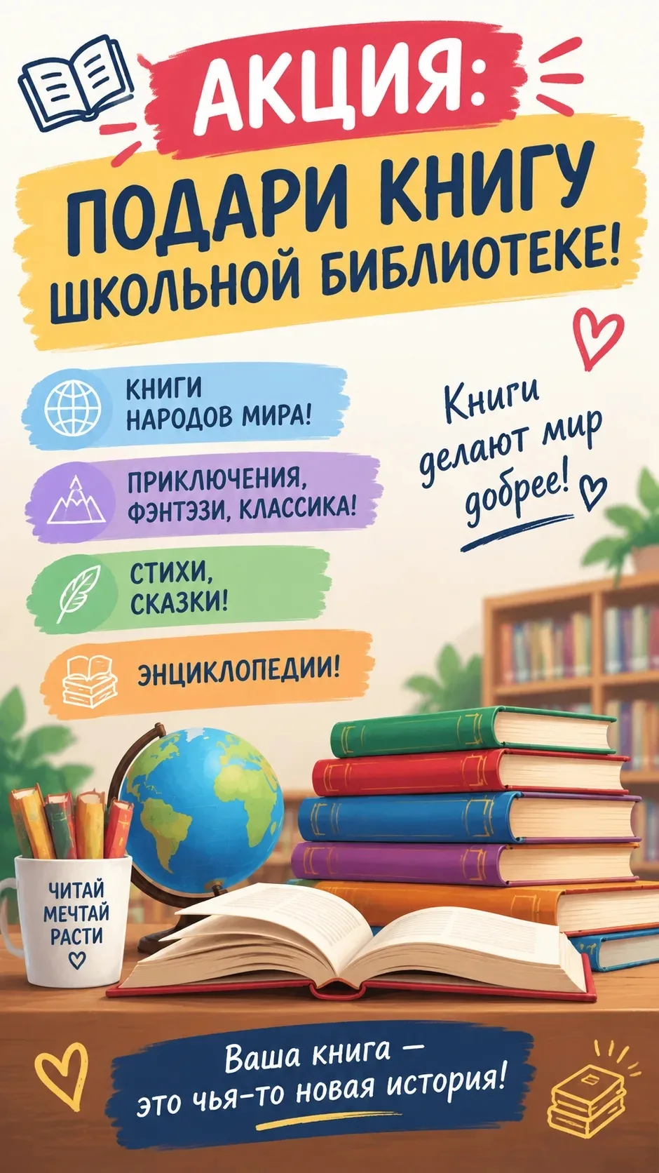 📚 ШКОЛЬНАЯ АКЦИЯ: ПОДАРИ КНИГУ БИБЛИОТЕКЕ!