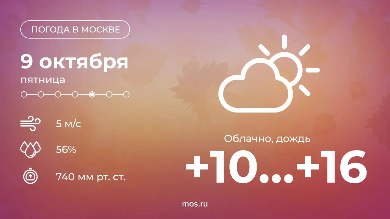 ☁️ Доброе утро! Сегодня в Москве будет облачно, днем и вечером возможен дождь. Температ...