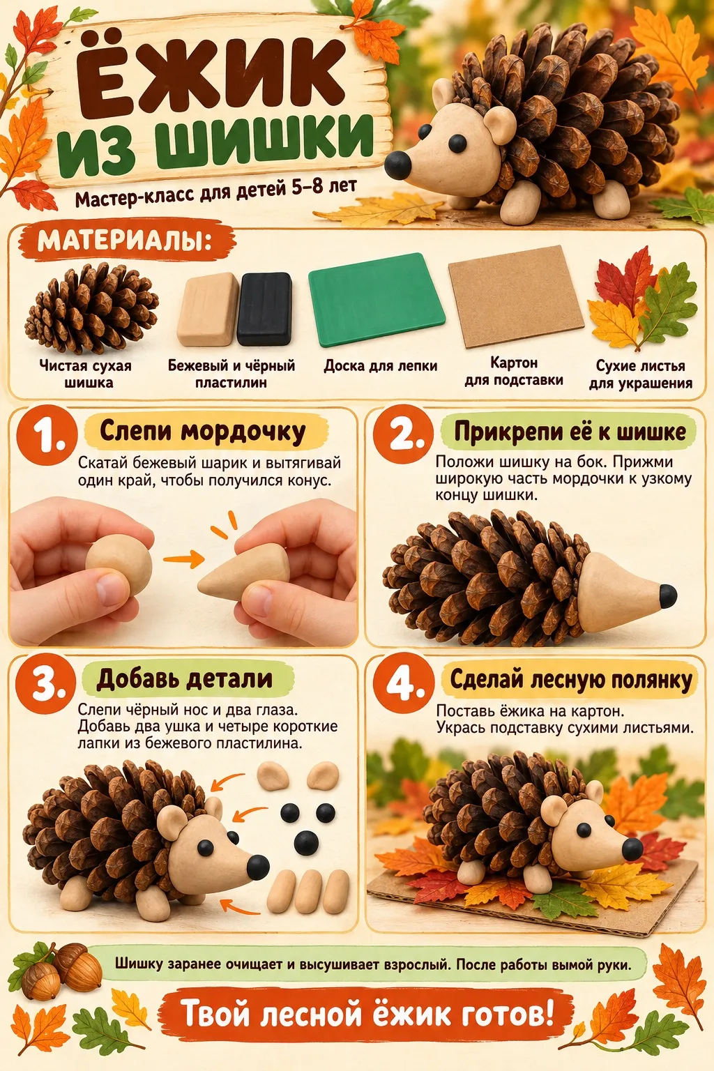 Ежик из шишки и пластилина