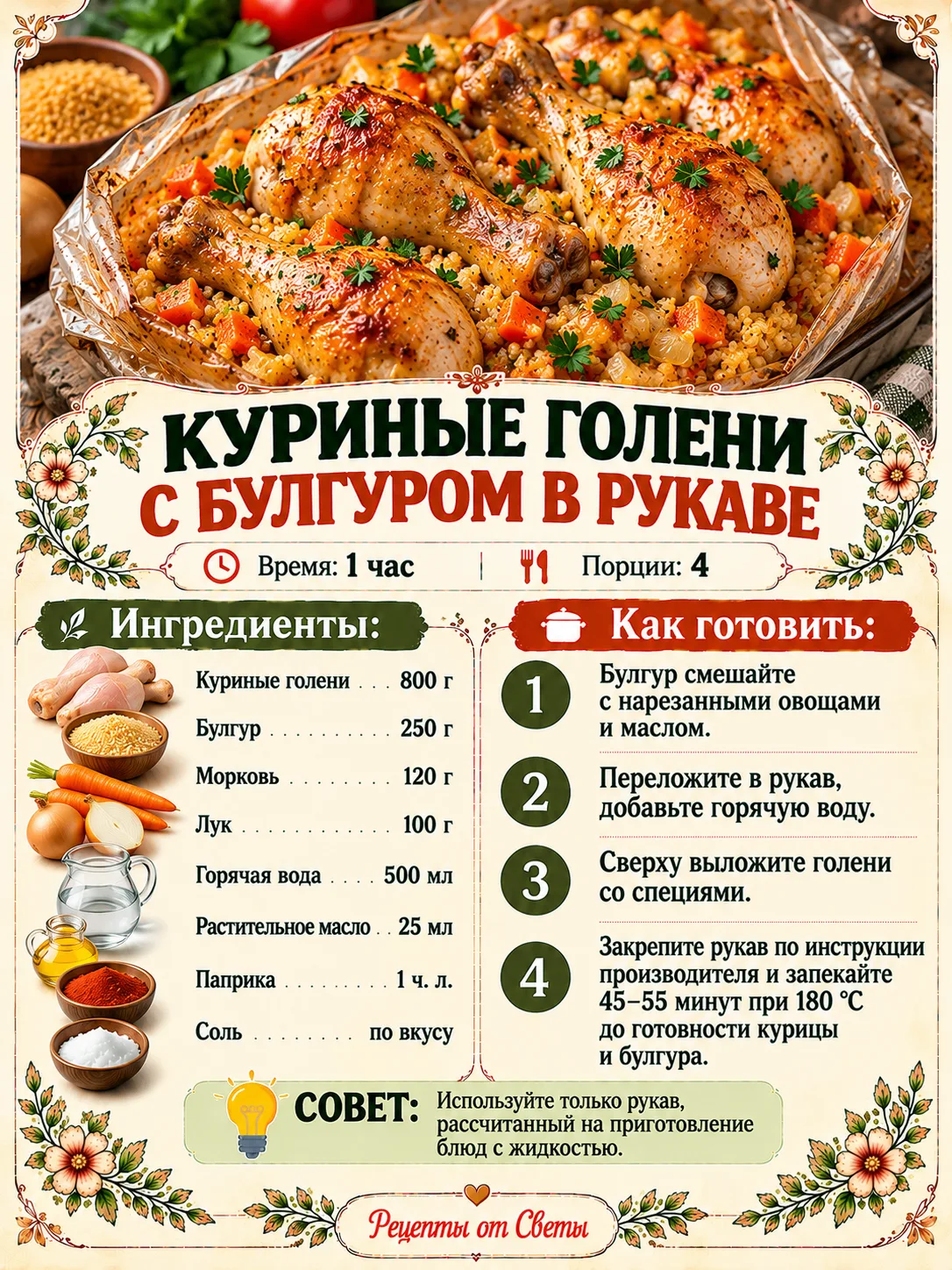 🍗 Куриные голени с булгуром в рукаве, когда и мясо, и гарнир готовятся вместе, а хозяй...