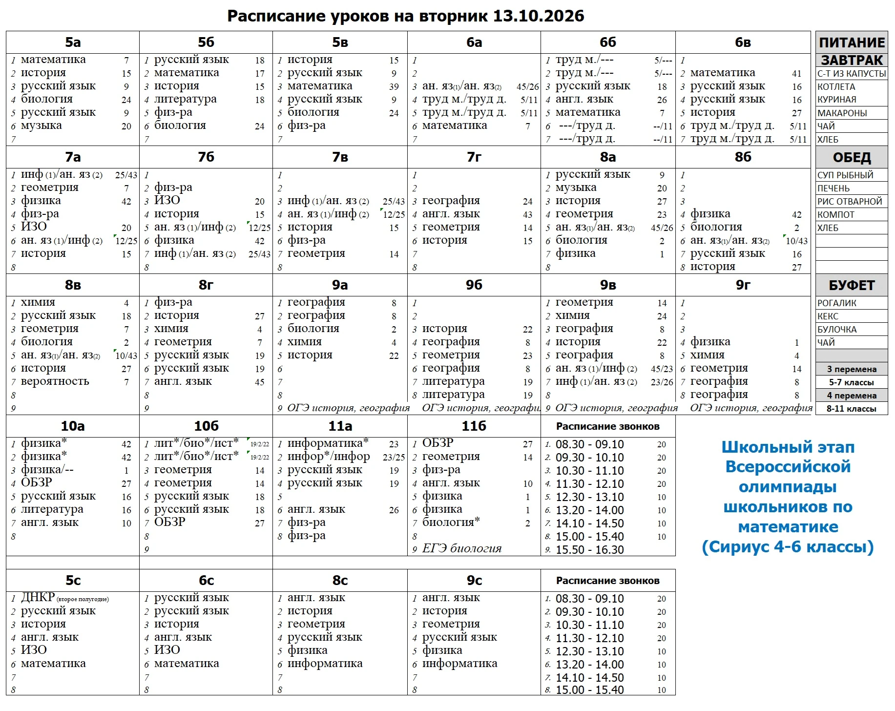 Расписание уроков на вторник 13.10.2026