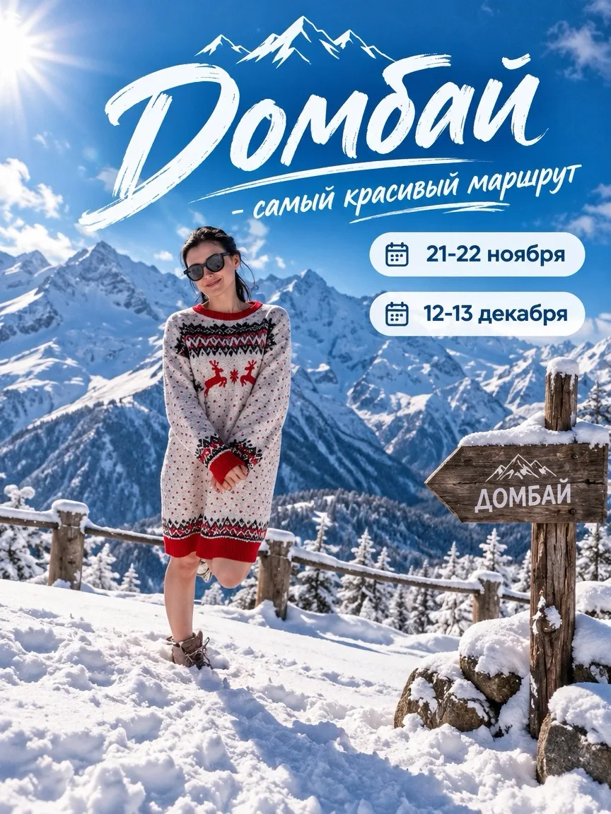 Домбай — это самый живописный маршрут этой зимой. Здесь можно не только кататься на лыж...