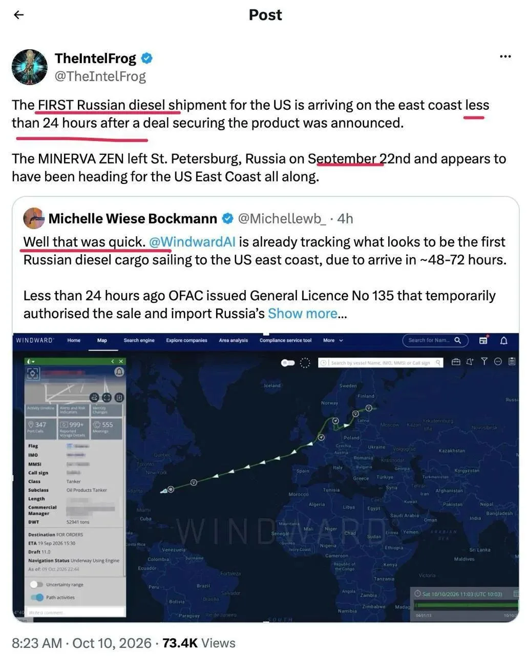 Первая партия дизельного топлива из России уже приближается к американским берегам на б...