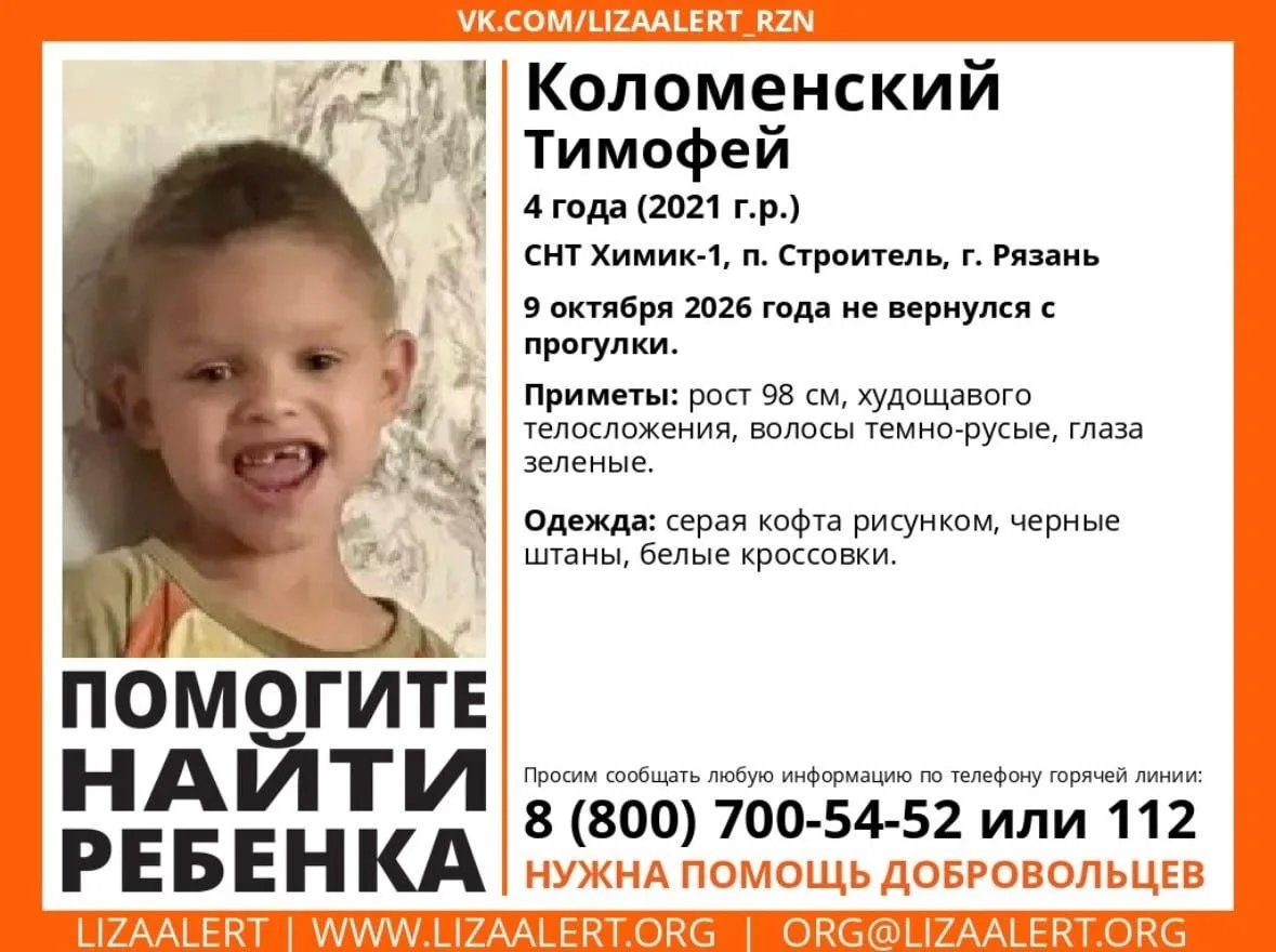 ❗️ Четырехлетний мальчик пропал в рязанском СНТ Химик-1. Он не вернулся домой с прогулки.