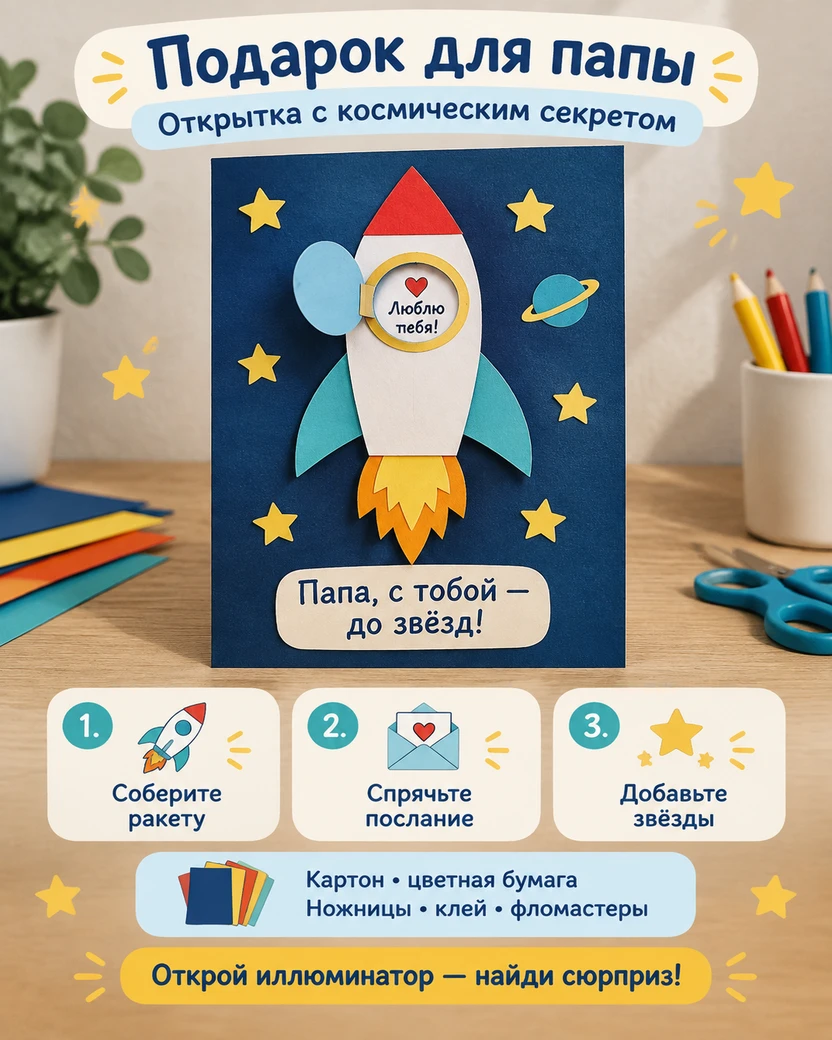 Шаблоны открытки «Папа, с тобой — до звёзд!» 🚀💙