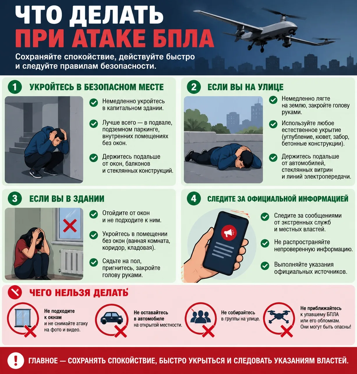 Постарайтесь укрыться в помещении без окон (коридор, ванная, туалет, кладовая). На улиц...