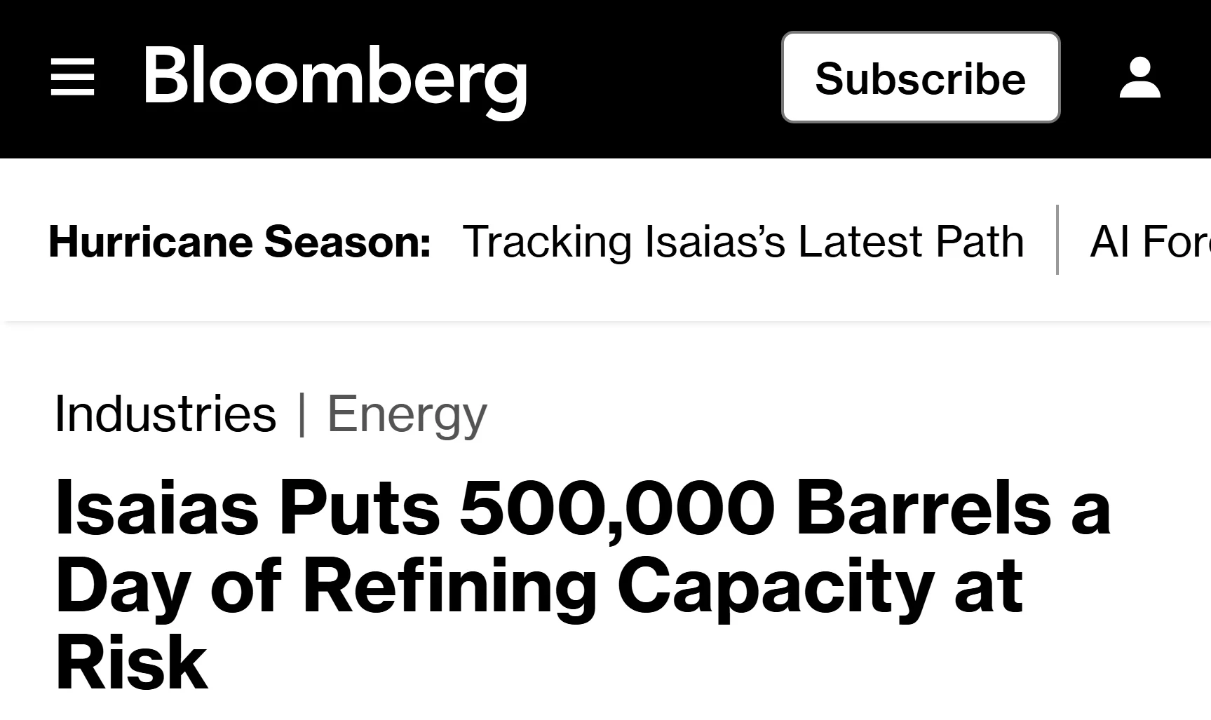 🇺🇸Ураган «Исайяс» угрожает производству в США 500 000 баррелей нефтепродуктов в день,...