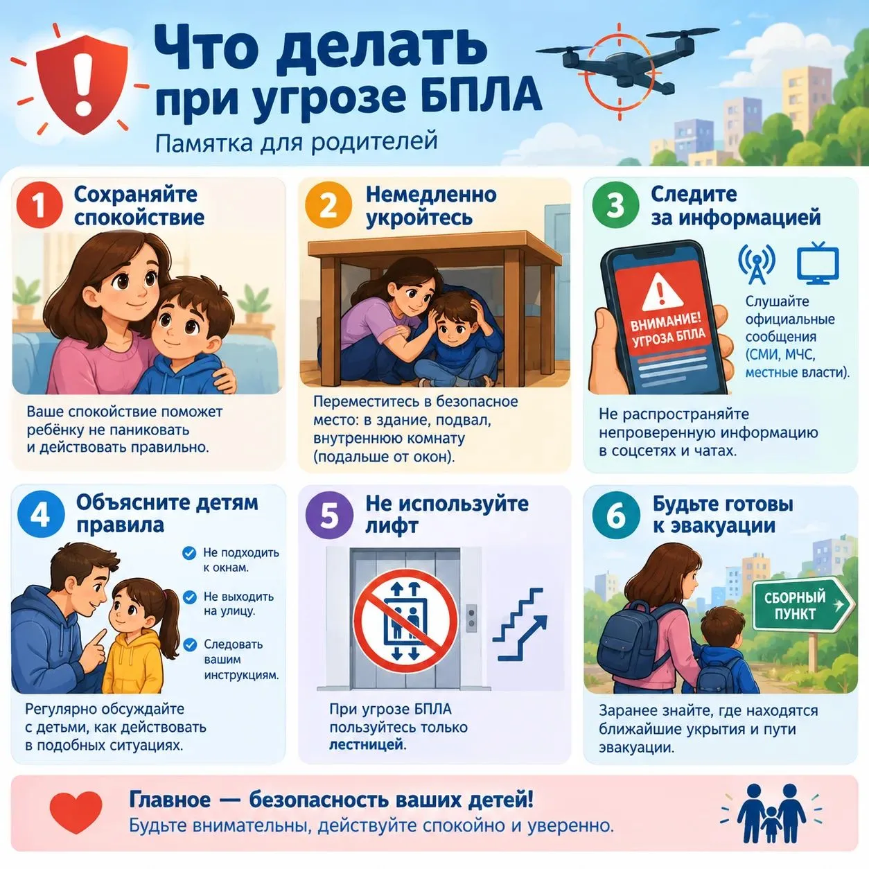 Рубрика "Безопасный мир"   Как говорить с детьми об угрозах БПЛА: советы родителям 🛡️