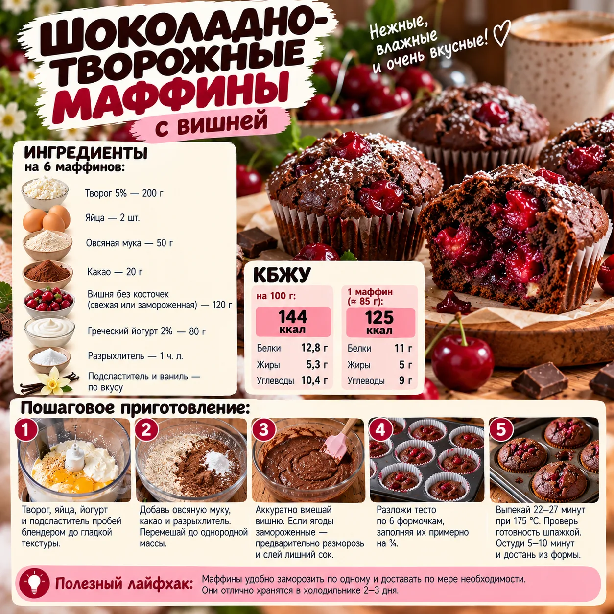 🍫🍒 ШОКОЛАДНО-ТВОРОЖНЫЕ МАФФИНЫ С ВИШНЕЙ.