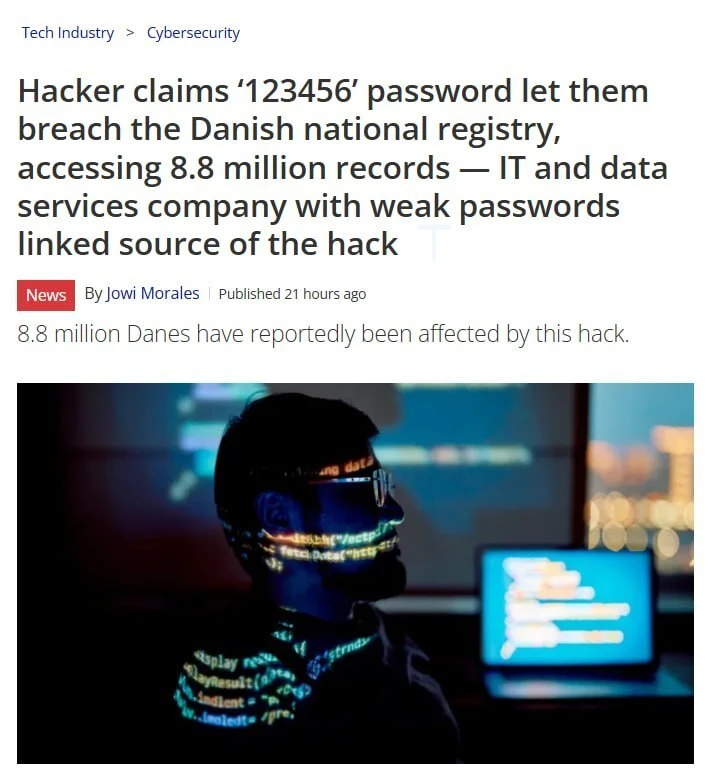 Хакеры взломали госреестр Дании с помощью пароля «123456».