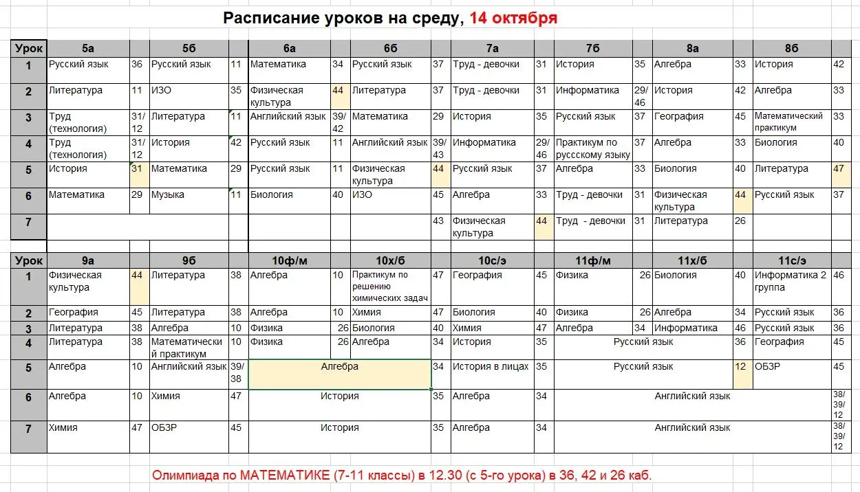 Расписание на среду, 14 октября