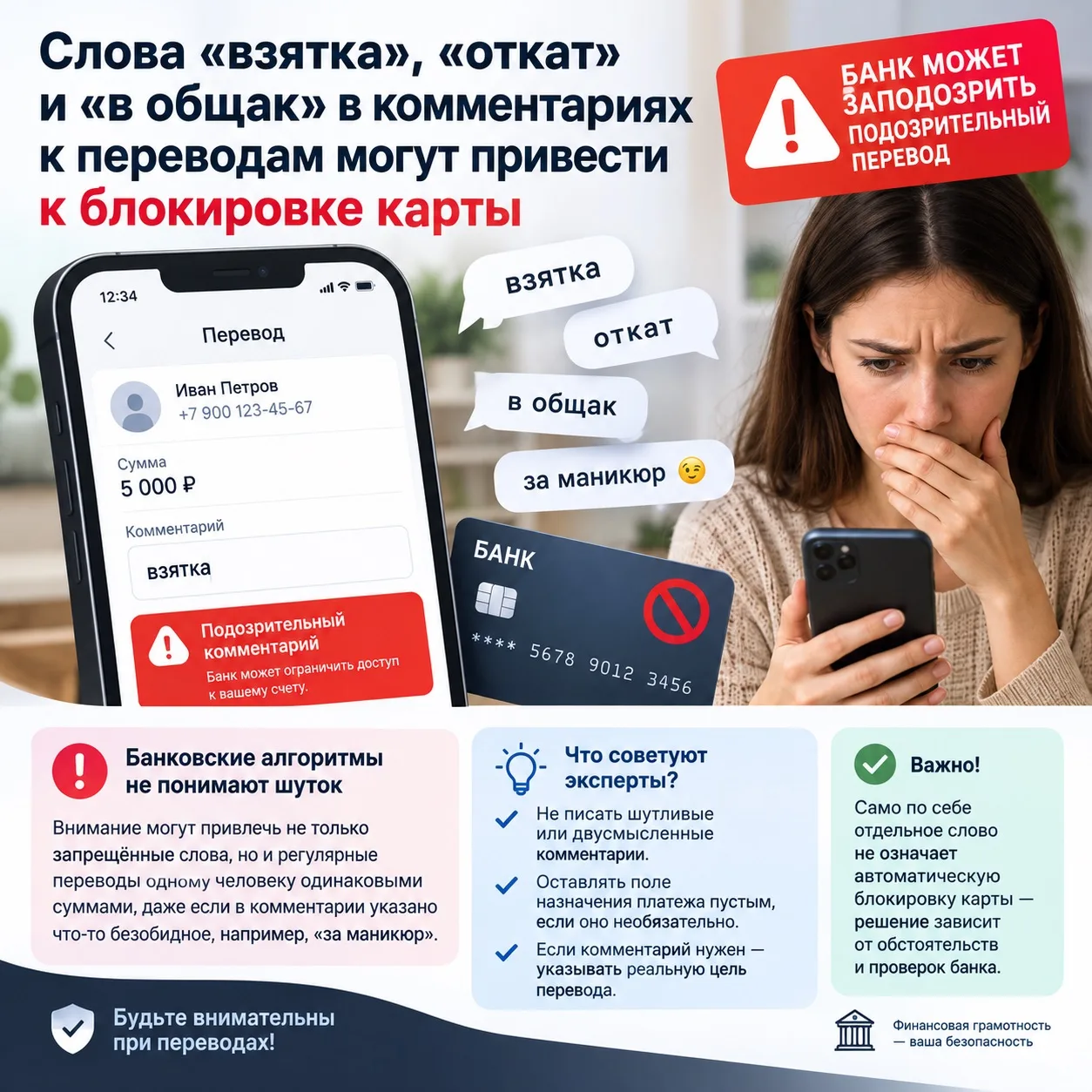 💳 Слова «взятка» и «откат» в комментариях к переводам могут насторожить банк