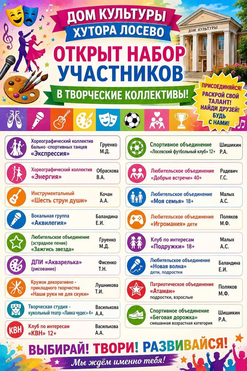 В Доме культуры хутора Лосево стартует набор в творческие коллективы!