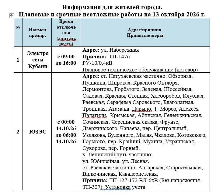 📌Информируем Вас о плановых работах на 13.10.2026