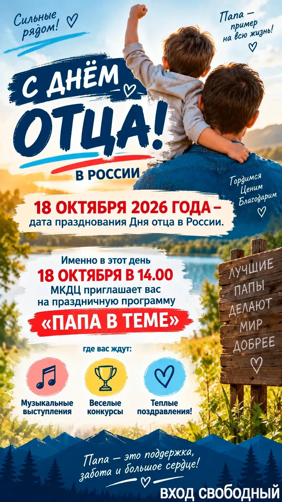 МКДЦ приглашает калачинцев на празднование Дня отца 18 октября в 14:00. Мероприятие буд...