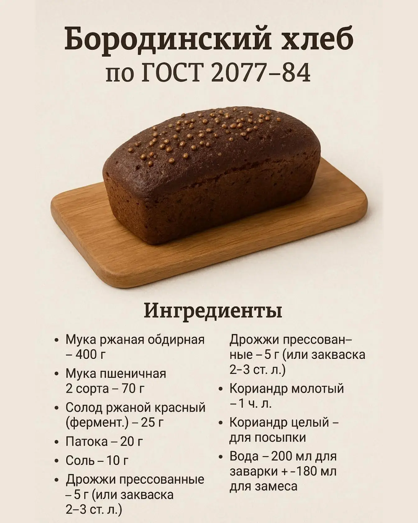 🥖 Рецепт бородинского хлеба по ГОСТ 2077-84