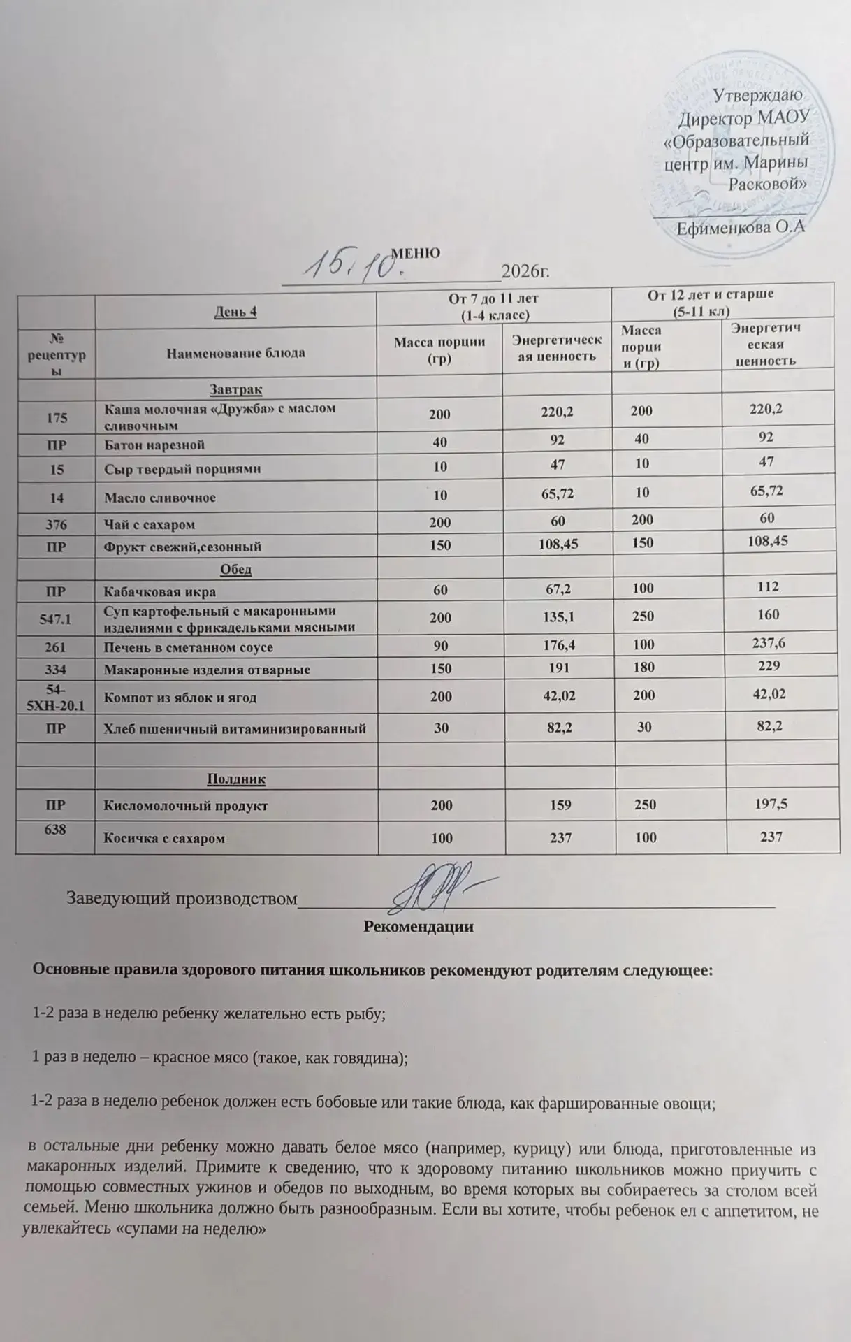 Вид питания: завтрак