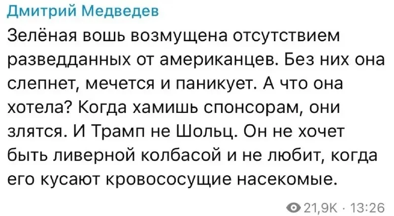 "Зеленая вошь возмущена" — зампред Совбез РФ Дмитрий Медведев об ограничении SpaceX на ...