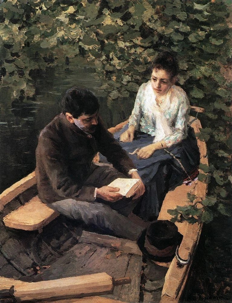 Мужчина с книгой в лодке — сам Константин Коровин. Рядом с ним сидит художница Мария Як...