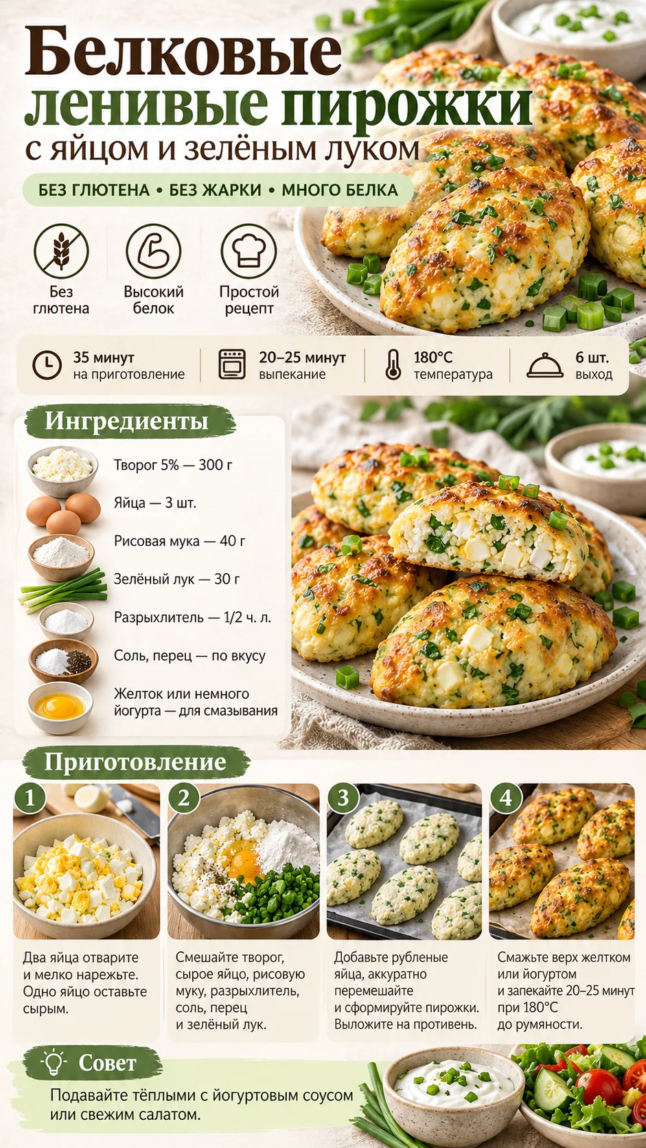 Белковые ленивые пирожки с яйцом и зелёным луком