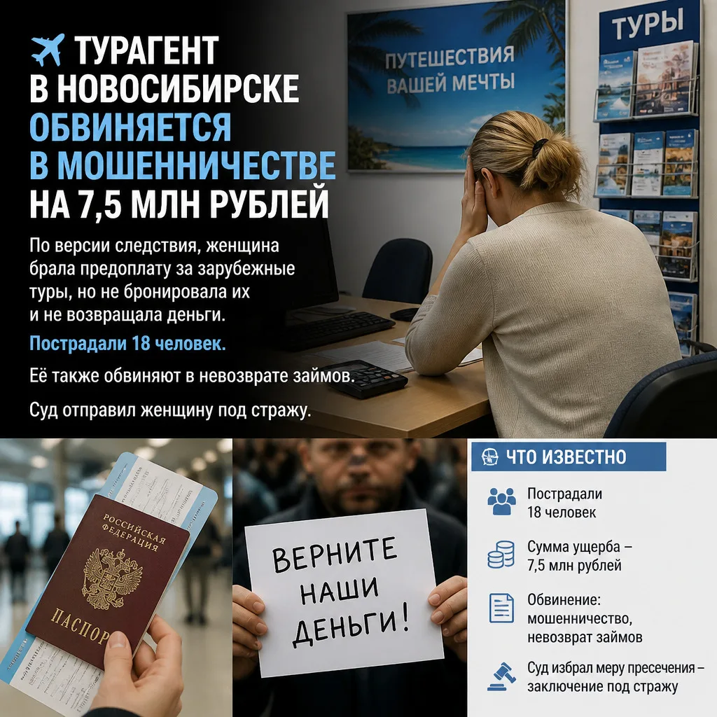 ✈️ Турагент в Новосибирске обвиняется в мошенничестве на 7,5 млн рублей