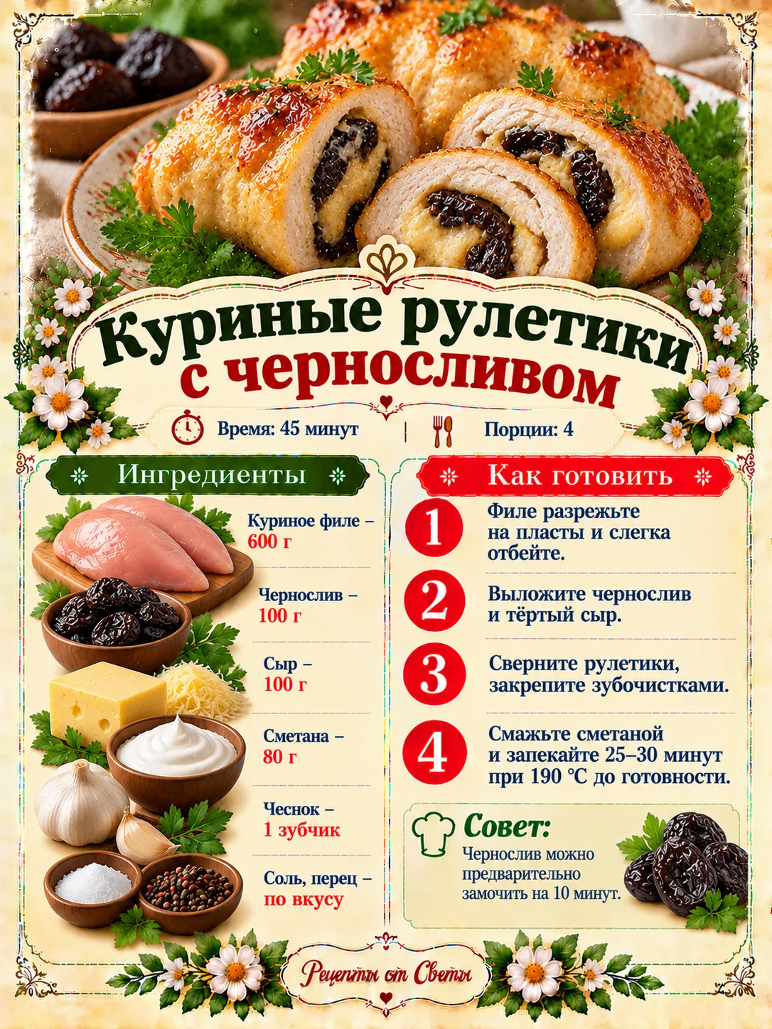 🍗 Куриные рулетики с черносливом, нарядные снаружи и с аппетитным сюрпризом внутри, хо...