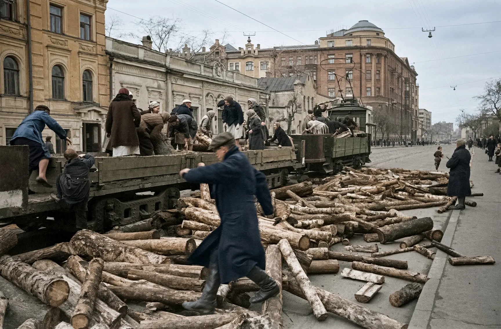 Разгрузка бревен. Москва, 1942 год.