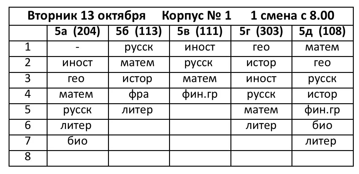 расписание на вторник, 13 октября