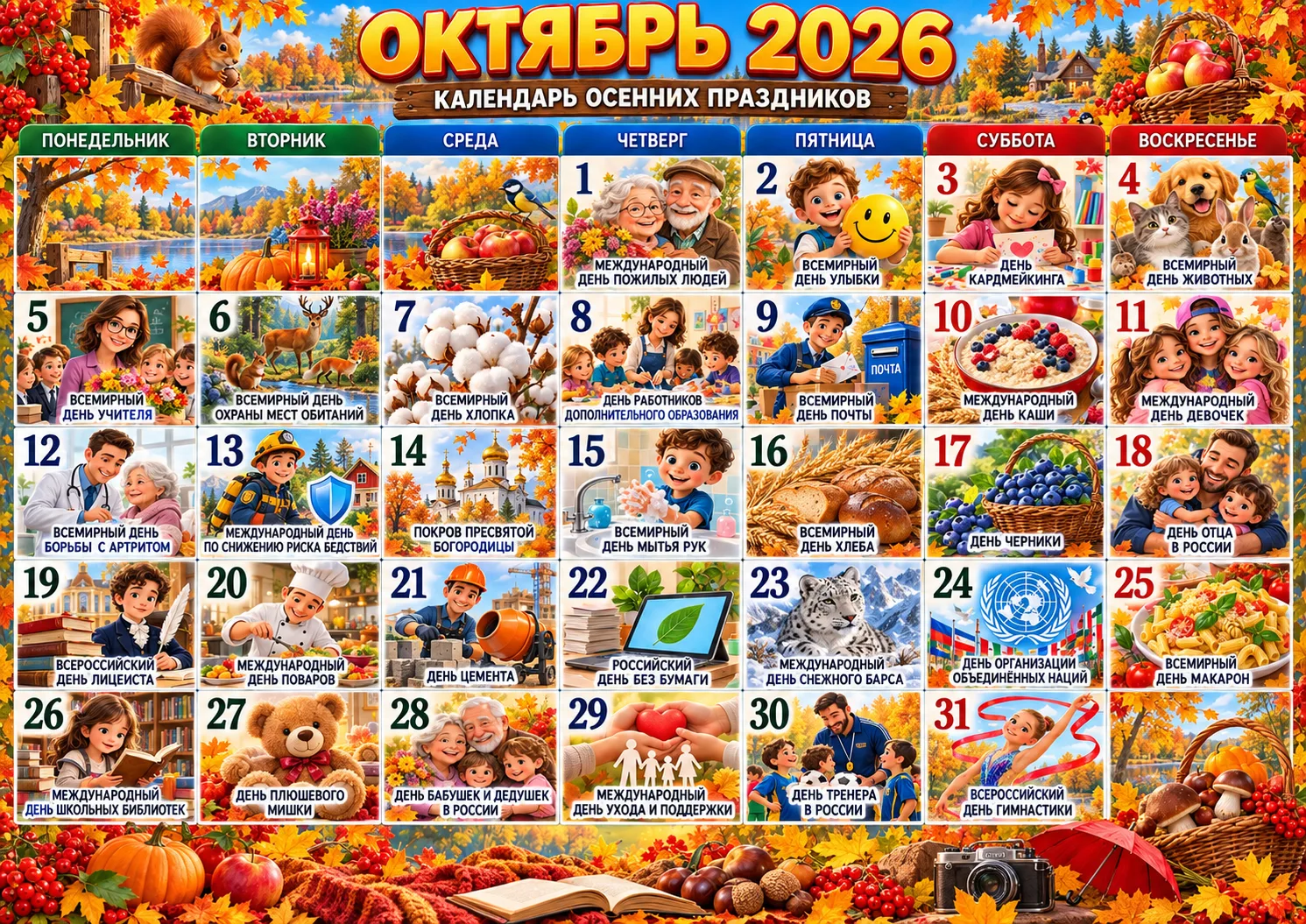 Календарь праздников на Октябрь 2026.