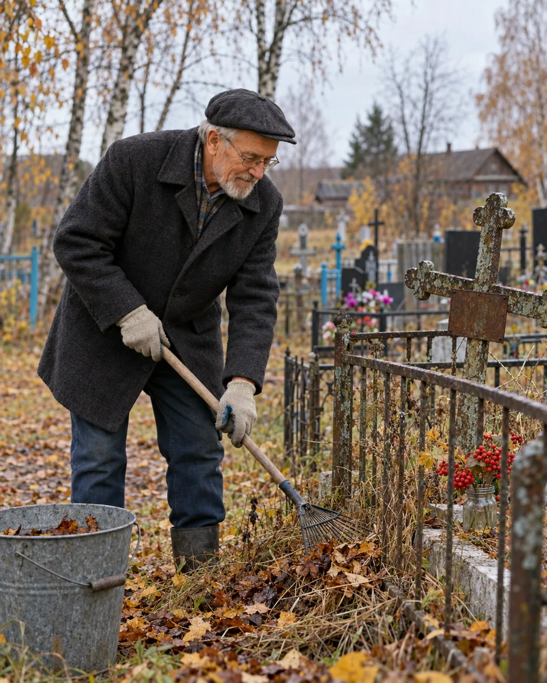 Вчера ходил на сельское кладбище. После сильного ветра дорожки засыпало листьями, возле...