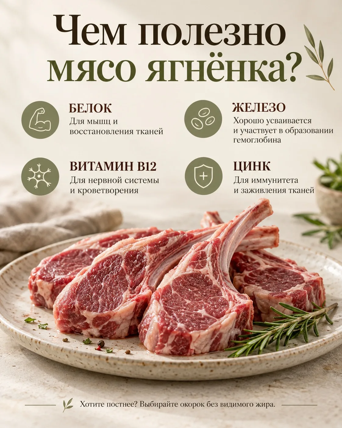 БАРАНИНА — источник полноценного белка, железа, цинка и витамина B12.💊