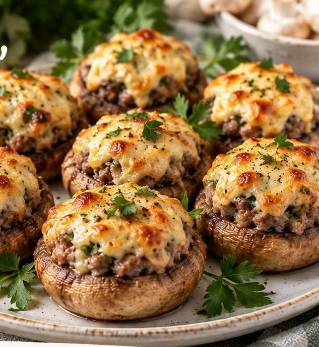 Шампиньоны, фаршированные фаршем, под сырной шапочкой.