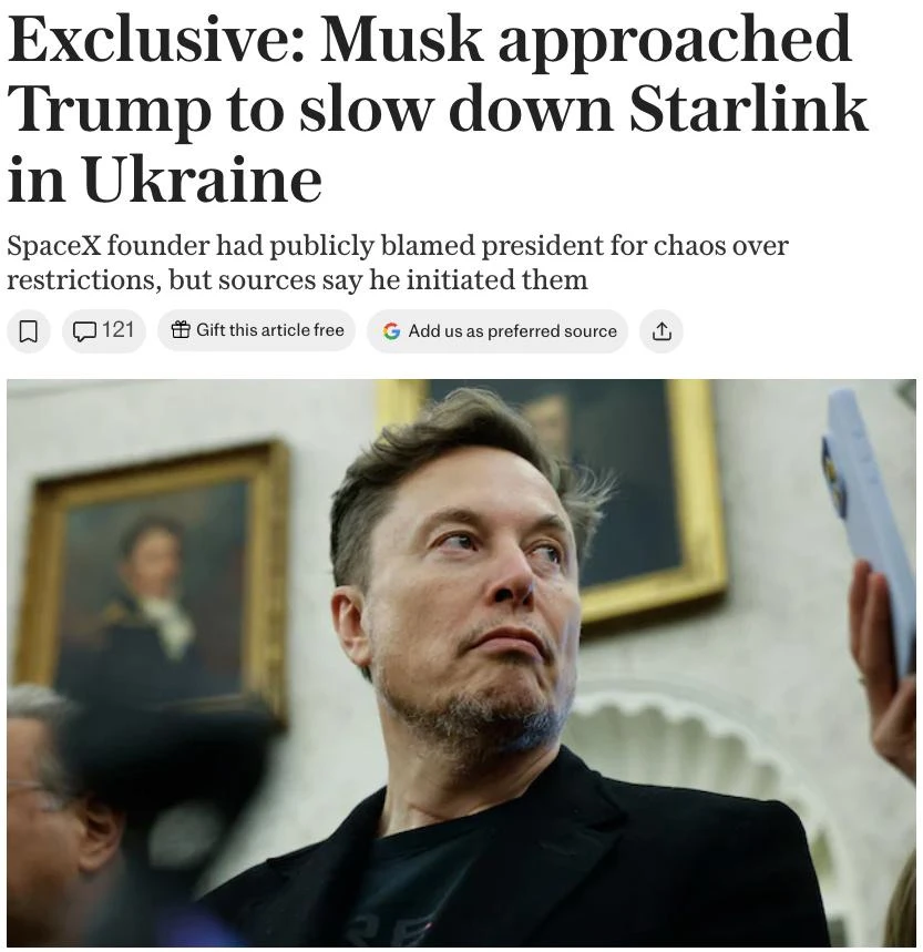 ❗️ 🇺🇸🇺🇦 ИЛОН МАСК ПРЕДЛОЖИЛ ТРАМПУ ЗАМЕДЛИТЬ РАБОТУ STARLINK В УКРАИНЕ, СООБЩАЕТ TH...