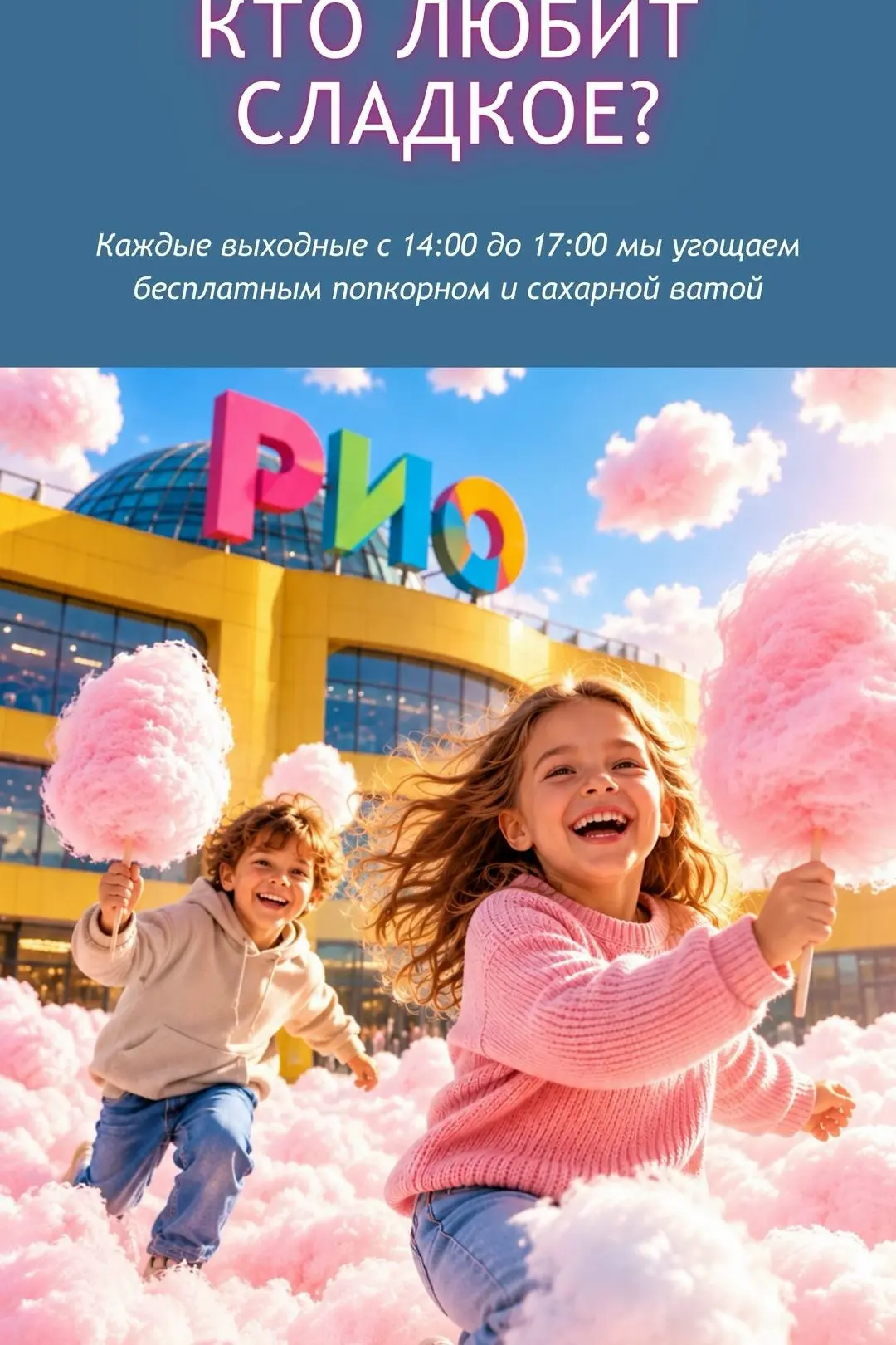 По выходным с 14:00 до 17:00 угощают попкорном и сахарной ватой в «РИО» 😃