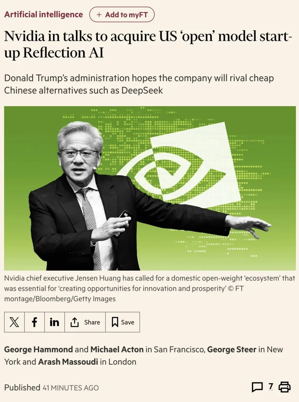 По данным СМИ, Nvidia ведет переговоры о приобретении ИИ-стартапа Reflection AI, основа...